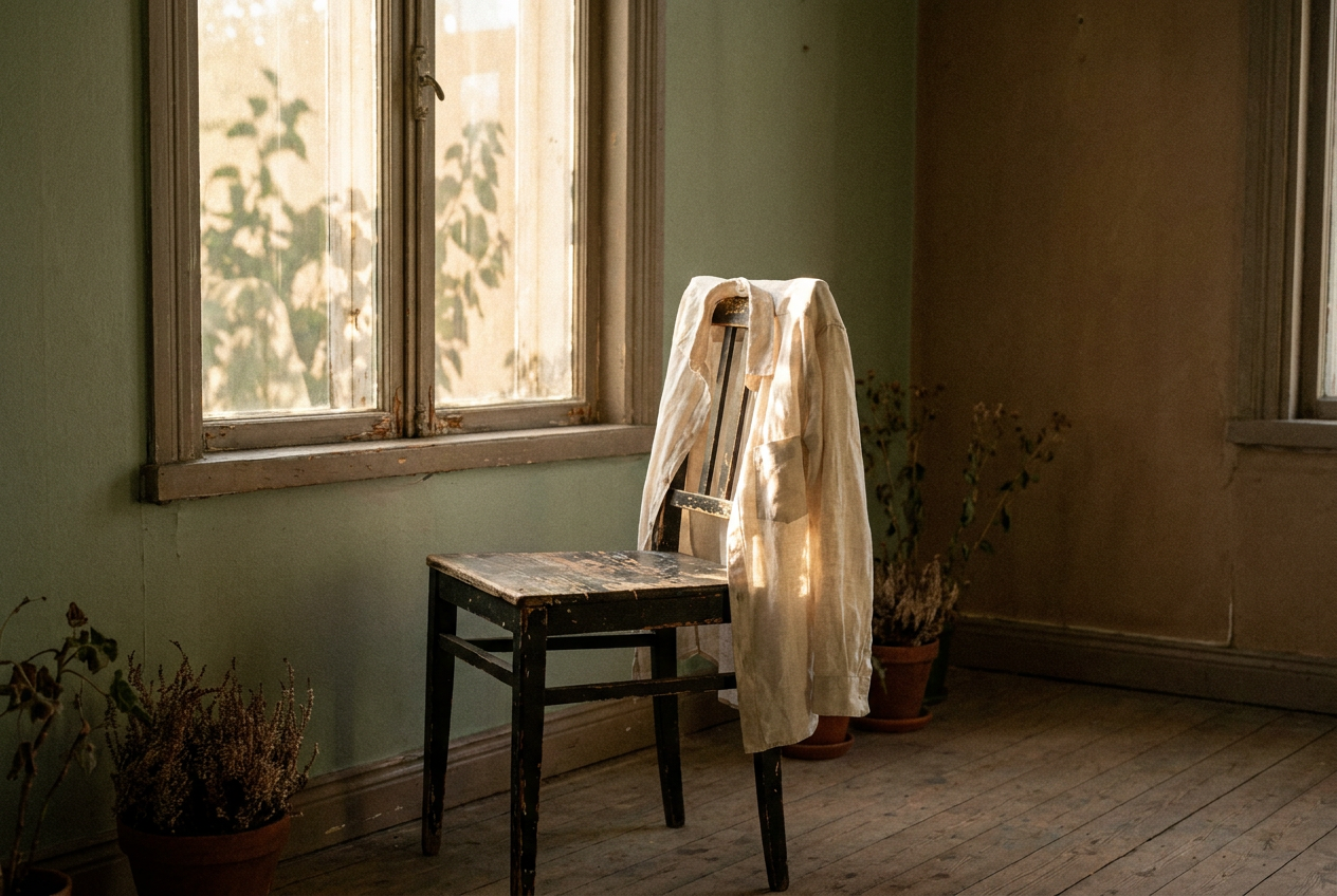 Composição editorial: cadeira antiga de madeira em quarto silencioso, camisa de linho descansada no encosto, luz dourada de fim de tarde.